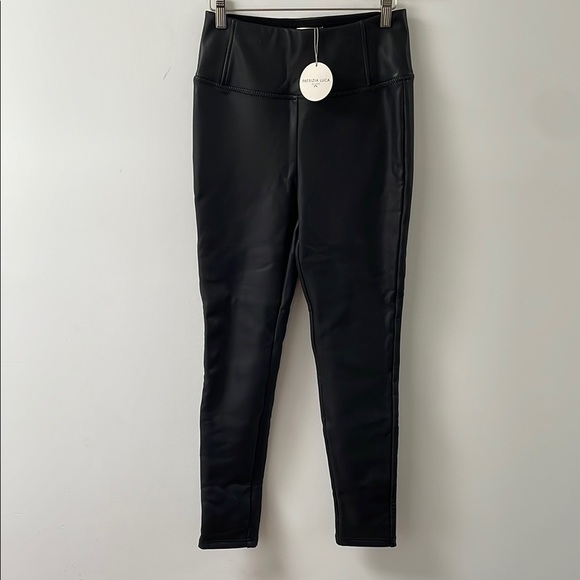 Patrizia Luca Milano faux leather leggings pants XS black shiny fleece lined NWT - Picture 1 of 14